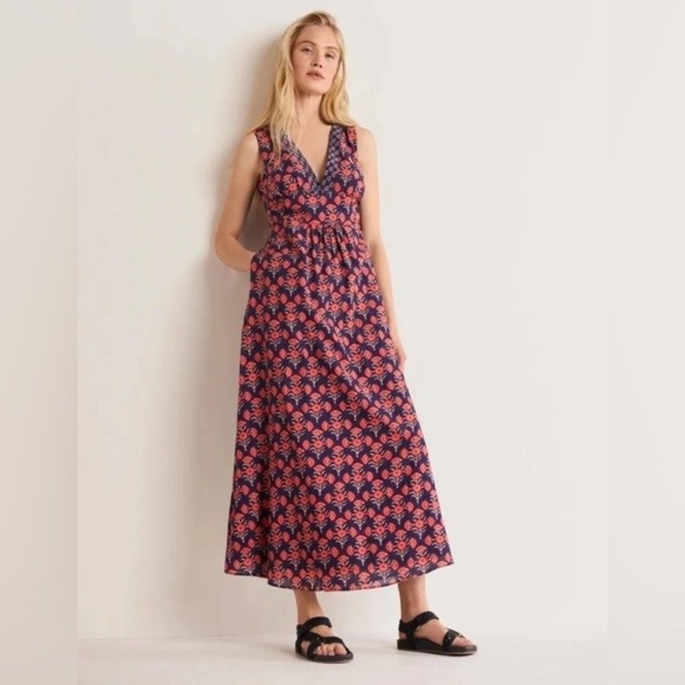 Boden Navy Floral V-neck Cotton Sleeveless Maxi Dress 10 Petite